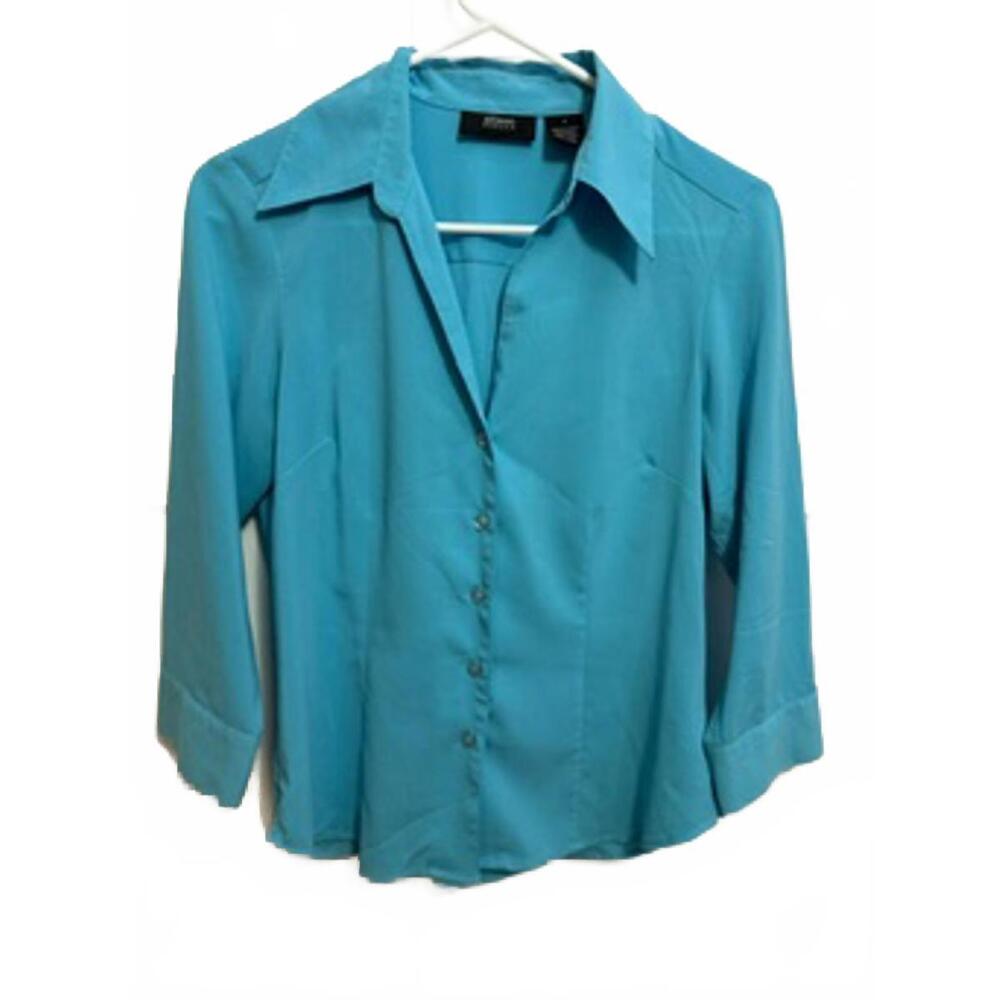Allison Taylor Aqua Button-Up Blouse Women’s Shirt – Roll Tab Sleeves, Small